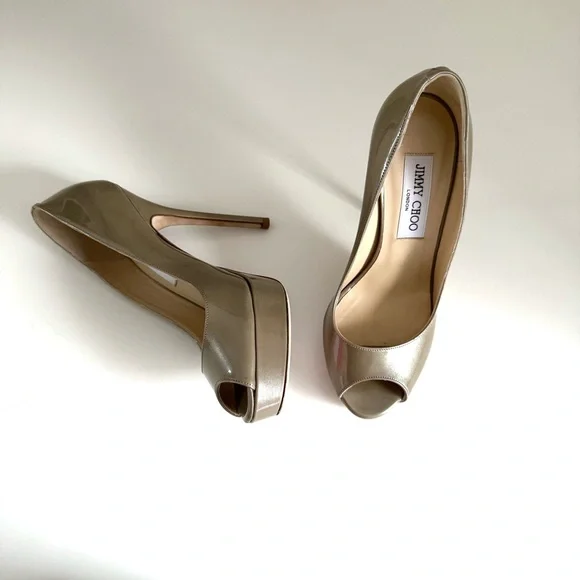 Jimmy Choo Crown Beige Khaki Patent Leather Peep Toe Platform Heels size 5.5 - Picture 3 of 16